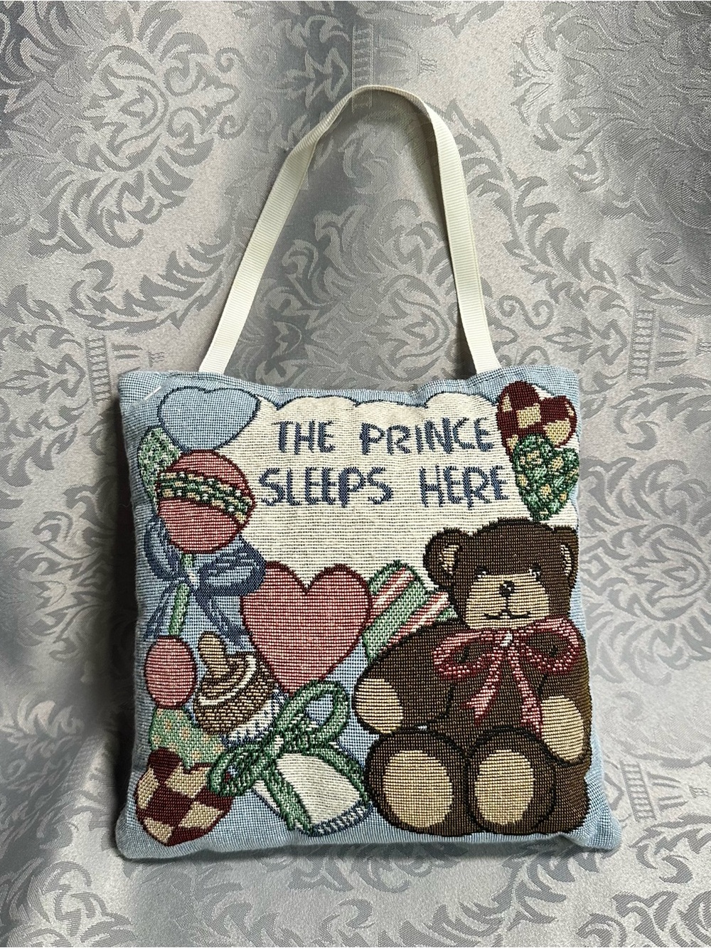 Vtg "The Price Sleeps Here" Tapestry Doorknob Pillow 8" Teddy Bear Nursery Boy